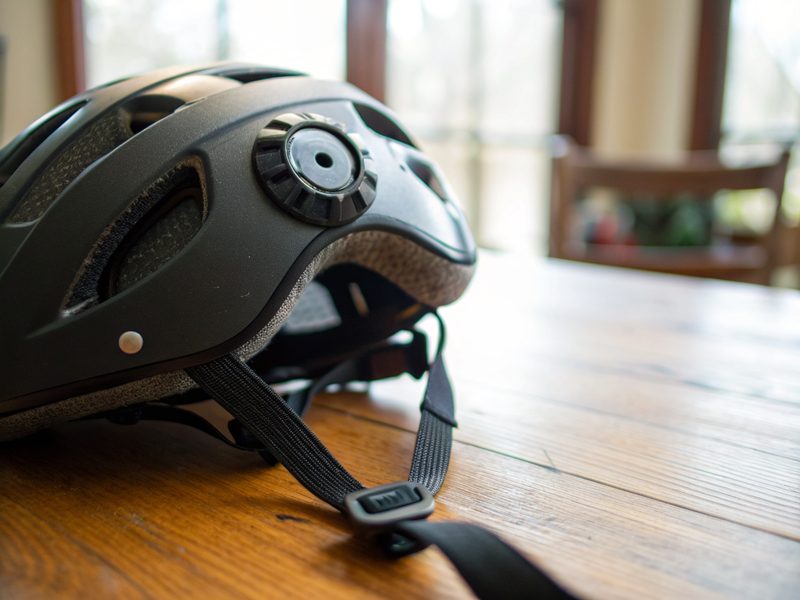 Kask rowerowy w zbliżeniu z regulowanym pokrętłem z tyłu i paskami