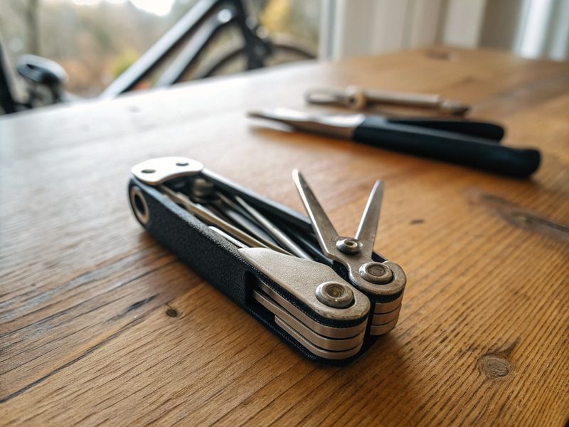 Multitool z kluczami imbusowymi i łyżki do opon leżące obok zapasowej dętki